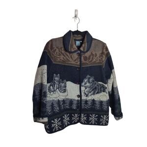 Vintage 90s IVY Wool Blend Wolf Fair Isle Cardigan Button size S